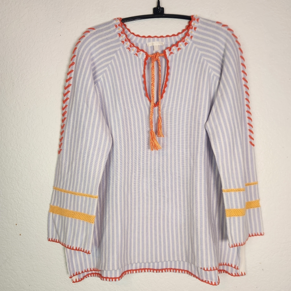 Lisa Todd Blue and White Striped Blouse with‎ Orange Details, Size M